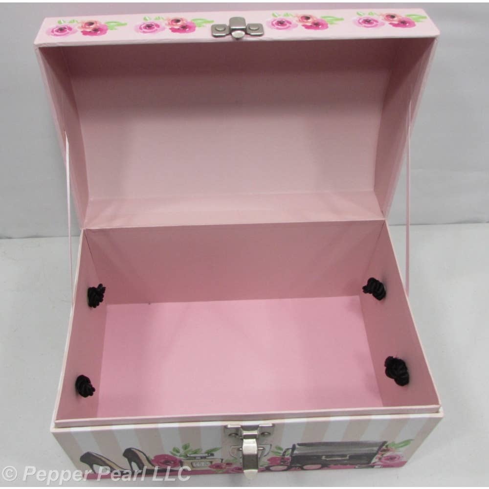 Tres Chic Chest Box Latch Feminine Roses Rope Handles Pink White Gray Black - Picture 5 of 5